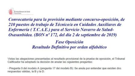 Publicadas las listas definitivas de la fase de oposición de técnico de auxiliar de enfermería