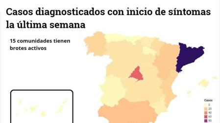 Mapa de los rebrotes con casos por comunidades a 3 de julio.
