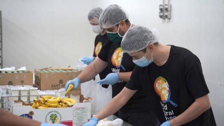 Voluntarios recogen alimentos.