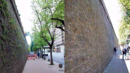 La muralla de la Ciudadela antes y después de la limpieza.