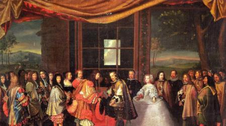 El cuadro 'La entrevista de Luis XIV y Felipe IV en la isla de los Faisanes', de Jacques Laumosnier