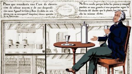 Gráfico incluido en el privilegio de invención de Batlle (1826) y detalle de un antiguo anuncio de ron. r. c.
