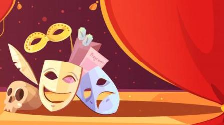 Imagen de máscaras y otros objetos típicos del mundo del teatro y las artes escénicas