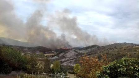 Efectivos de bomberos de Estella, Tafalla, Peralta, Cordovilla y Sangüesa, además de medios aéreos, están trabajando en un aparatoso incendio que se ha registrado la tarde de este jueves en un pinar de Javerri,