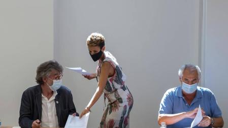 Chechu Rodríguez, María Chivite y Jesús Santos, durante una reunión del Consejo del Diálogo Social.
