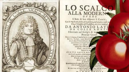 'Lo scalco alla moderna' 1692 (CC PD) y grabado botánico de tomates. r. c