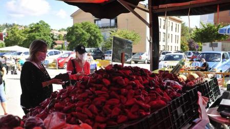 Como todos los años, la campa de la Fundación Mena de Puente la Reina desprende un olor inconfundible. Es temporada de pimiento y el tradicional mercado se ha adaptado a la pandemia
