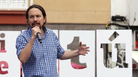 El candidato de Unidas Podemos a presidente del Gobierno, Pablo Iglesias, durante el mitín en el que participó este sábado en Las Palmas de Gran Canaria.