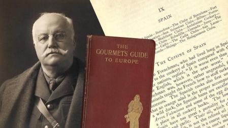 Retrato de Newnham-Davis en 1916 y detalles de su obra 'Guía del gourmet por Europa' (1903). r. c.