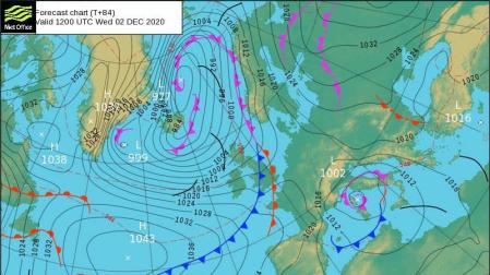Mapa previsto para el miércoles a las 13:00 h donde se ve el frente de frío polar sobre el Atlántico.