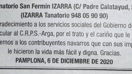 Una parte de la esquela publicada en Diario de Navarra que se ha hecho viral