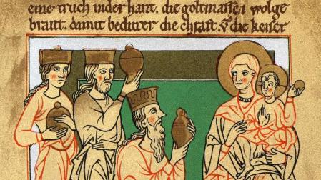 Escena de la Adoración de los Magos, en un manuscrito alemán medieval. R. C.