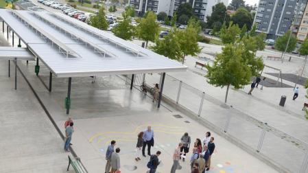 Pértiga telescópica para espantar palomas en el colegio Doña Mayor