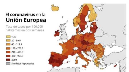 Mapa con la tasa de incidencia acumulada de coronavirus por 100.000 habitantes en las primeras dos semanas de 2021 por regiones en la Unión Europea