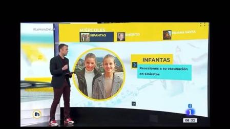 Momento en el que el periodista Igor Gómez explica la noticia de la vacunación de las infantas Elena y Cristina con la imagen de la princesa Leonor y la infanta Sofía.