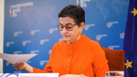 La ministra de Asuntos Exteriores, Arancha González Laya, en una conferencia internacional de solidaridad con los refugiados