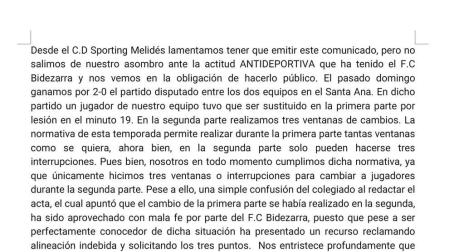 El Melidés denuncia actitud antideportiva del Bidezarra