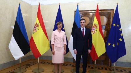 El presidente del Gobierno, Pedro Sánchez, a su llegada a la reunión con la presidenta de Estonia, Kersti Kaljulaid.