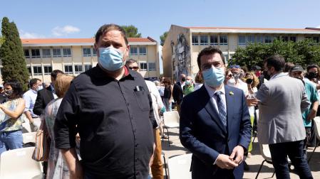 Oriol Junqueras y Pere Aragonès, en un acto de conmemoración del 60 aniversario de Òmnium Cultural este mes de julio