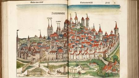 Nuremberg, ciudad donde residía y de la que partió el viajero Jerónimo Münzer. Crónica Schedel, editada por Schedel y Münzer en 1493