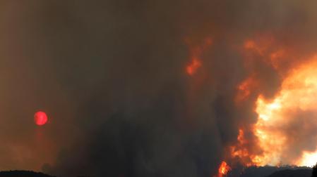 Aspecto del incendio en Santa Coloma de Queralt, con el humo tapando el sol