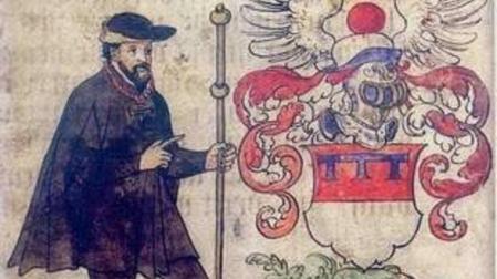 Von Harff con modesto hábito de peregrino y sombrero de ala ancha, representado con su escudo en la dedicatoria de su obra.