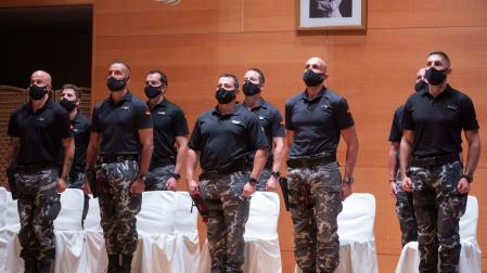 Policías del Grupo Especial de Operaciones (GEO) que trabajaron en la evacuación de Afganistán, durante el acto de homenaje a los agentes que participaron en la misión de Kabul