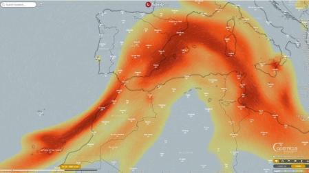 Mapa del avance hacia el Mediterráneo del dióxido de azufre que emite el volcán de La Palma