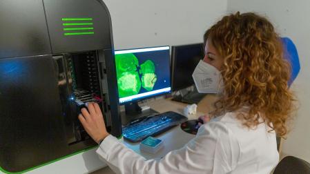Una investigadora del Programa de Tumores Sólidos del Cima Universidad de Navarra lleva a cabo un análisis de imagen de tejido mediante inmunofluorescencia