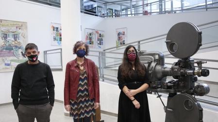 Josetxo Cerdán, director de la Filmoteca Española; la consejera de Cultura y Deporte, Rebeca Esnaola, y la representante del Archivo Filmográfico de Navarra, Patricia Goroskieta