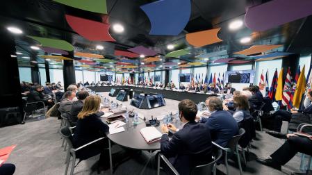 Una imagen de la asamblea de LaLiga de ayer en la que participó Osasuna