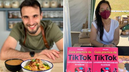 De izda. a dcha., David García (@SiempreHambriento) junto a uno de las recetas que comparte en Tiktok y Beatriz Iznaola con su libro