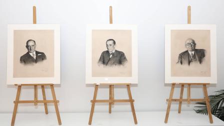Izda. a dcha.: retratos de Constantino Salinas, Serafín Yanguas y Juan Pedro Arraiza y abajo, Amaya Gurpide