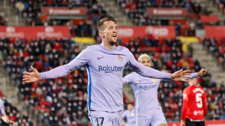 Luuk de Jong celebra el gol anotado en el Visit Mallorca Estadi