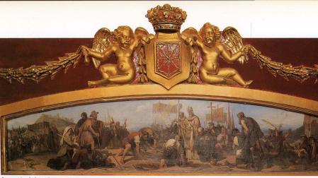 El hallazgo de las reliquias reflejado en esta pintura del Salón del Trono del Palacio de Navarra