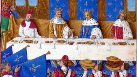 Banquete en la corte del rey francés Carlos V en París en 1378. Ilustración de libros de Jean Fouquet, de mediados del siglo XV