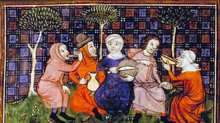Campesinos compartiendo comida, en una ilustración del Libro de caza del rey Modus, en el siglo XIV