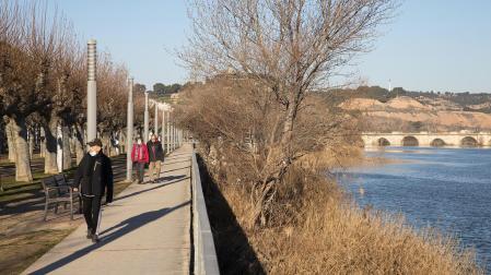 Varias personas caminan a orillas del río Ebro por el Paseo del Prado de Tudela