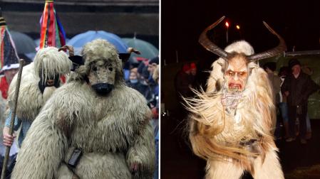 A la izquierda, una imagen del Carnaval de Ituren, este lunes. A la derecha, el Krampus alpino