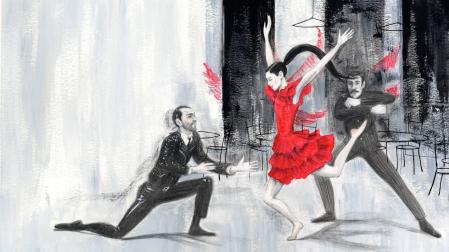 La ilustración del cuento que representa a Carmen, el torero Escamillo arrodillado y el soldado don José detrás