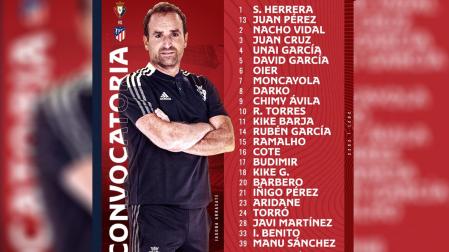Osasuna cita a veinticuatro jugadores para recibir al Atleti