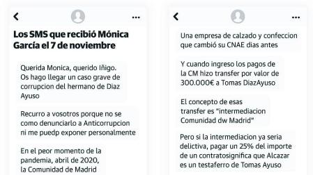 Mensajes de texto que recibió en el móvil Mónica García, en los que se le informaba anónimamente de las irregularidades
