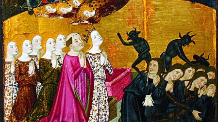 Tabla del juicio final del Retablo de la Resurrección, de Jaime Serra. Algunas hipótesis identifican a la joven coronada como Marquesa Gil de Rada, fundadora del convento de las canonesas del Santo Sepulcro, en Zaragoza