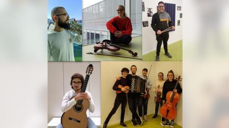 Arriba, de izquierda a derecha: Javier Martínez (saxofón), Alba González Blanco (violín), Xabier Olcoz (batería). Abajo, de izquierda a derecha: Marcos Marín (guitarra), Quinteto Arima