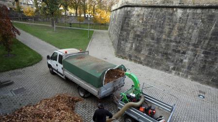 Operario echando las hojas de la Ciudadela en un camión