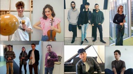 Darío Antón (percusión), Victoria Ros (violín), Alejandro Sanchidrian, Daniel Arteche, Ibán Martín (guitarras jazz), Maitane García de Cortázar (clarinete). Abajo, de izquierda a derecha: Marcos Marín (guitarra), Trío Eolo, Beñat Alcuaz (txistu), Eric Quinapanta (piano), Joel Ribeiro (piano jazz)