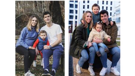 Andrea Garraza, embarazada antes del confinamiento, con su hijo Lucas y su marido, Iñaki Guergué. A la derecha, con Olivia, dos años después de nacer