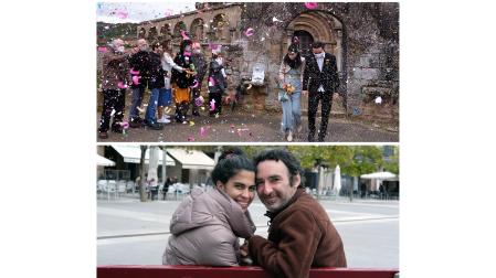 Mª Dolores y Miguel, en su boda en Eunate (2020) y el domingo de carnaval en Pamplona (2022)