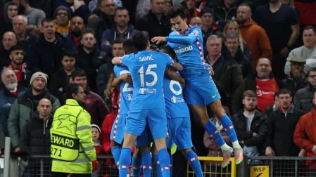 El Atlético de Madrid celebra el gol de Lodi contra el Manchester United