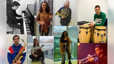 Arriba, de izquierda a derecha: Borja Echeverría (piano jazz), Patricia Izquierdo (violín), Javier Fondón (trompa), Mario Marzo (percusión). Abajo, de izquierda a derecha: Gabriel Reyes (saxofón), Oihane Jimeno (violín), Leyre Puignau (fagot), David Lanz (trompeta jazz).